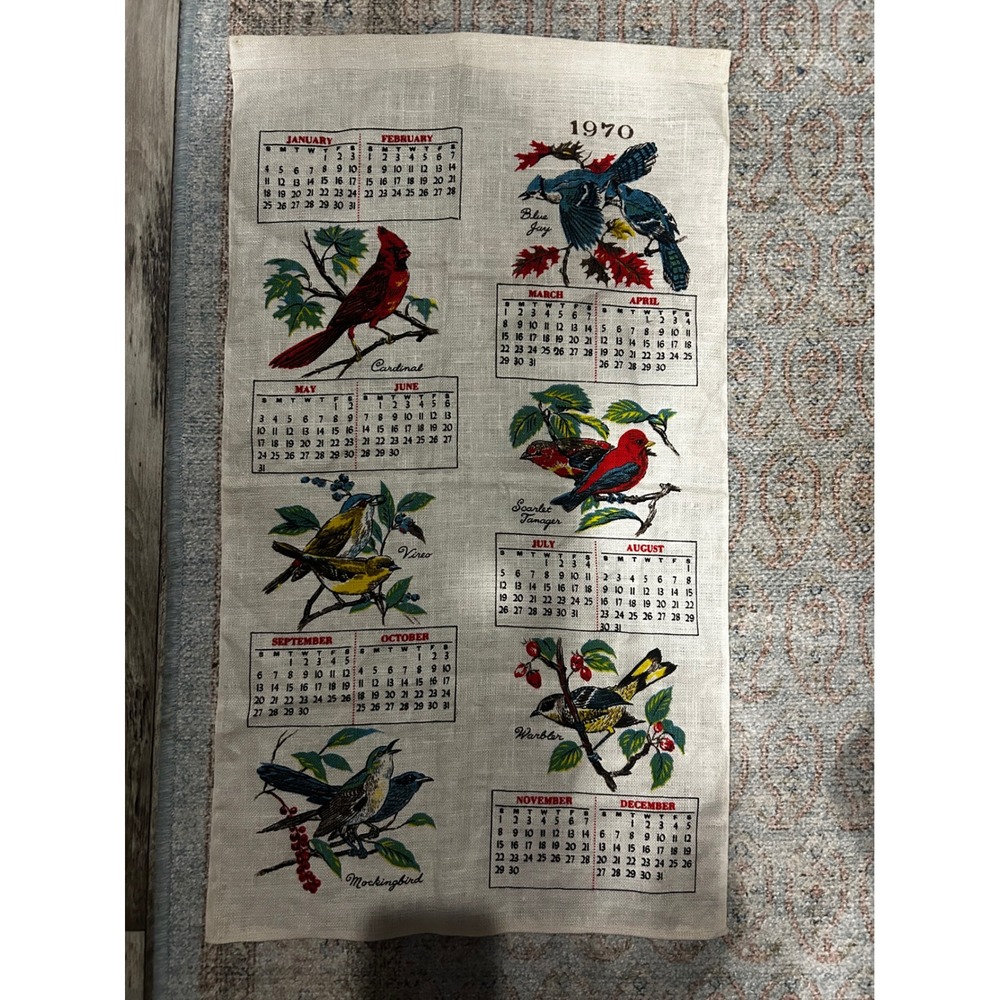 Vintage 1970 Linen Calendar Tea Towel Birds Cardinal Blue Jay Mockingbird 16x29
